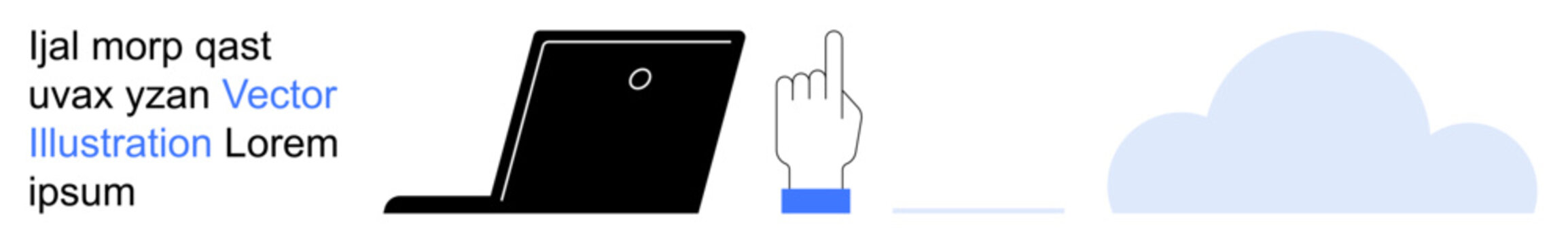 Cloud computing, data storage, web access, technology, online solutions, connectivity. Laptop icon, hand pointer and cloud graphic. Cloud computing and data storage concept