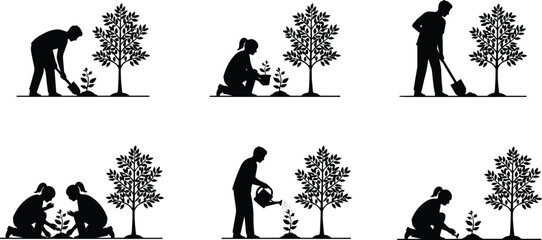 Collection of black silhouettes featuring people planting trees and gardening with shovels and watering cans isolated on white background for environmental conservation. © NUR