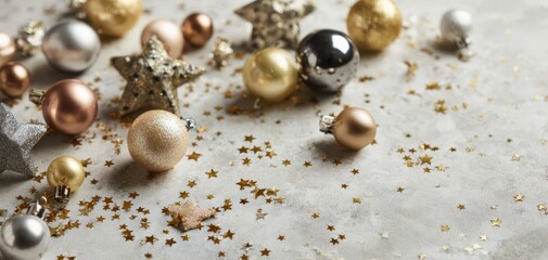Obraz premium The Christmas ornaments scattered on marble with gold stars and festive sparkle