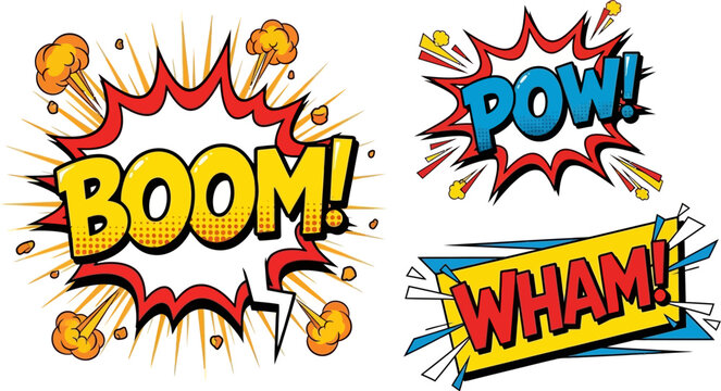 comic book explosion speech bubbles with boom pow and wham text