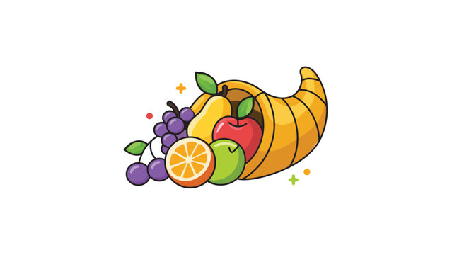 Modern Cornucopia Horn of Plenty Vector Icon with Editable Stroke. Vibrant Flat Illustration of a Harvest Basket Filled with Grapes, Apples, Pear, Orange, and Cherries for Thanksgiving Design.