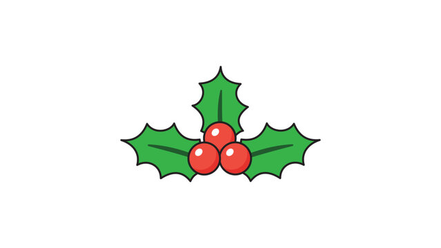 Christmas Holly Sprig with Three Green Leaves and Red Berries, Modern Flat Vector Icon Illustration with Editable Stroke on White Background for Holiday Season Greeting Cards and Winter Decor.