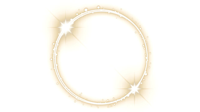 Abstract golden sparkling circle with large glowing particles and lens flares on transparent.