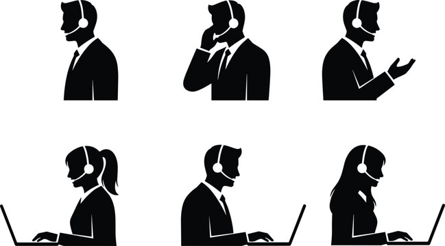 Customer service and call center representative silhouette set featuring male and female agents with headsets using laptops and taking calls isolated on white background.