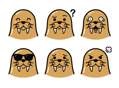 Cartoon Walrus Emoticon Set Expressing Various Emotions and Moods.