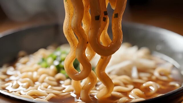 Closeup of Delicious Udon Noodles Being Lifted with Chopsticks in a Savory Broth.