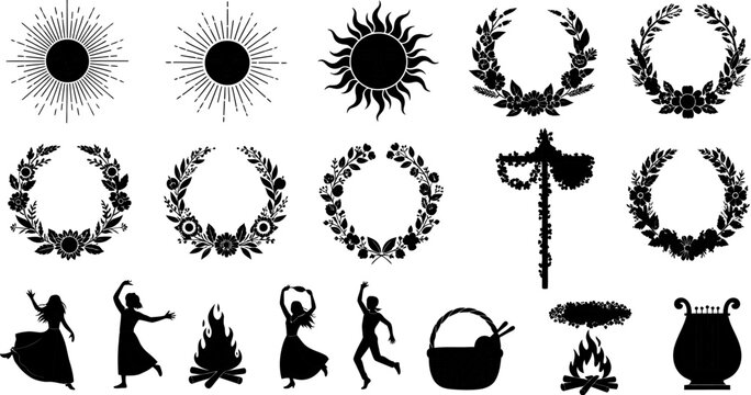 Collection of various black silhouettes on white background including sun symbols floral wreaths dancing women campfire pot and vase