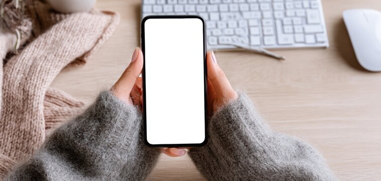 The smartphone held by hands in cozy sweater over wooden desk workspace setup