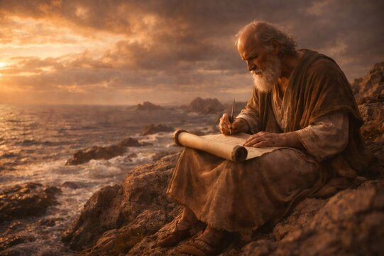 Apostle John writing gospel on Patmos island cliff at sunset