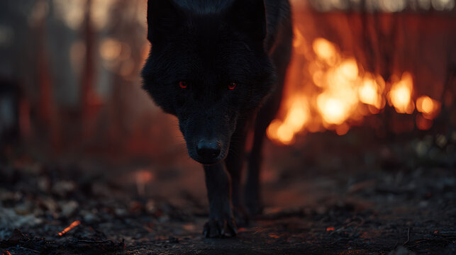 A black wolf with glowing red eyes walks towards the camera in a forest with a large fire burning in the background at dusk