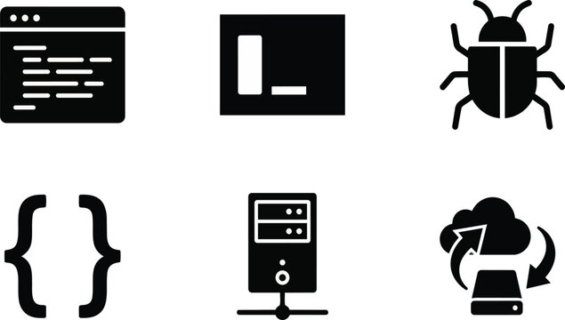 Set of six black vector graphic icons representing essential software development concepts including coding syntax server architecture cloud data storage debugging tools and terminal interface command