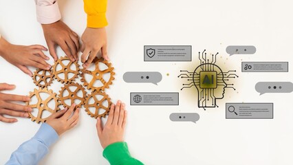 Obraz premium Collaboration and Innovation in Artificial Intelligence with Hands and Gears Representing Teamwork and Technology Advancement Concepts Gluon.