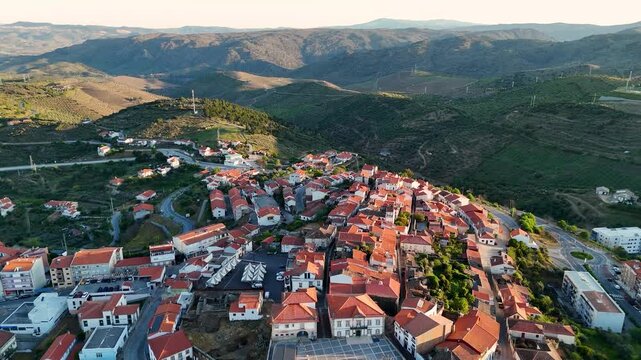 Aerial view flying over miranda do douro village in portugal