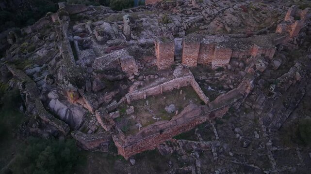 Aerial view from a drone of the Archaeological Site of Ciudad de Vascos (an ancient city of Al-Andalus) in Navalmoralejo, Toledo Province, Castile-La Mancha, Spain, Europe