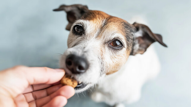 Dog patiently waiting and then happily taking a small snack from a human hand, showing love, trust, and pet ownership