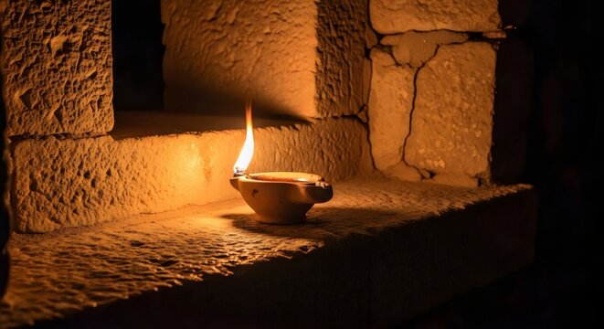 Holy image of clay lamp glowing warmly on stone ledge captured in premium composition with spiritual atmosphere