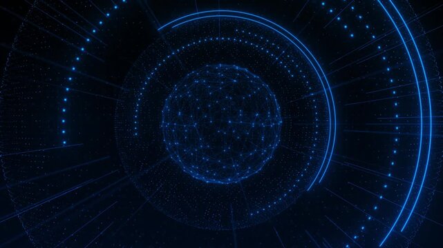 Abstract animation digital sphere circular HUD rings, particles, light trails. global network, data flow, artificial intelligence, cyberspace technology, futuristic visualization. tech presentations.
