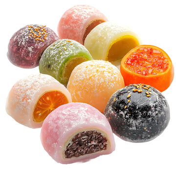Assortment of colorful mochi dessert balls with fruit filling scattered on transparent background.