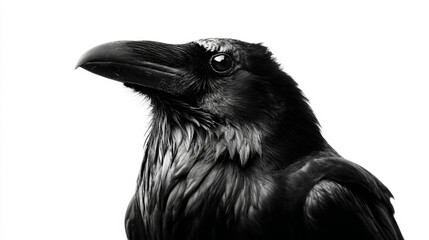 Naklejka premium Profile view of a raven's head and upper body, featuring detailed black feathers and piercing eye on a clean white backdrop