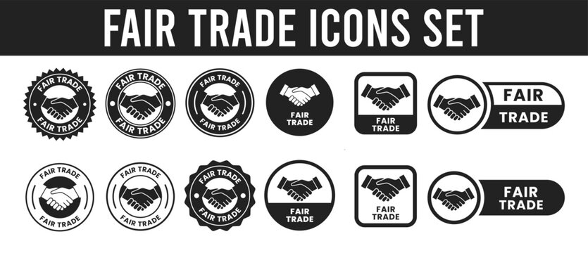 A collection of black and white fair trade icons featuring handshakes and circular emblems promoting ethical commerce high quality professional detailed modern elegant