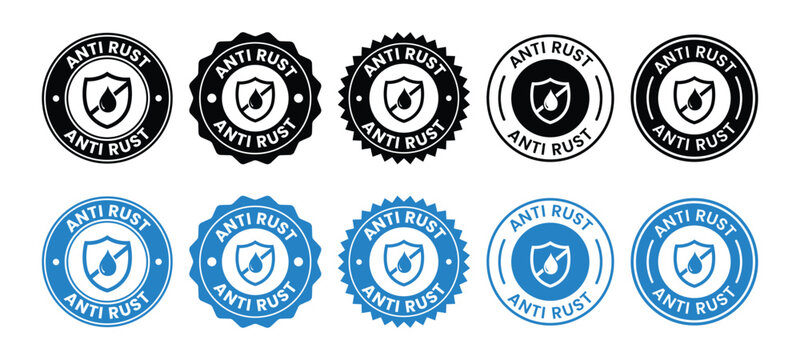 A collection of circular anti rust emblems featuring a shield and droplet in black and blue variations high quality professional detailed modern elegant
