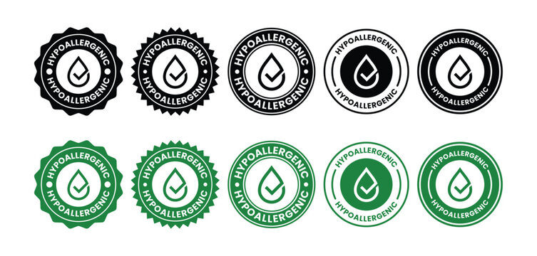 A collection of circular hypoallergenic emblems and badges presented in both black and vibrant green color schemes high quality professional detailed modern elegant