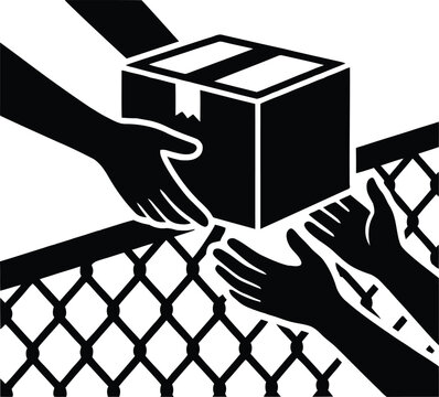 Black silhouette of hands passing a box over a fence to other hands on a white background parcel delivery