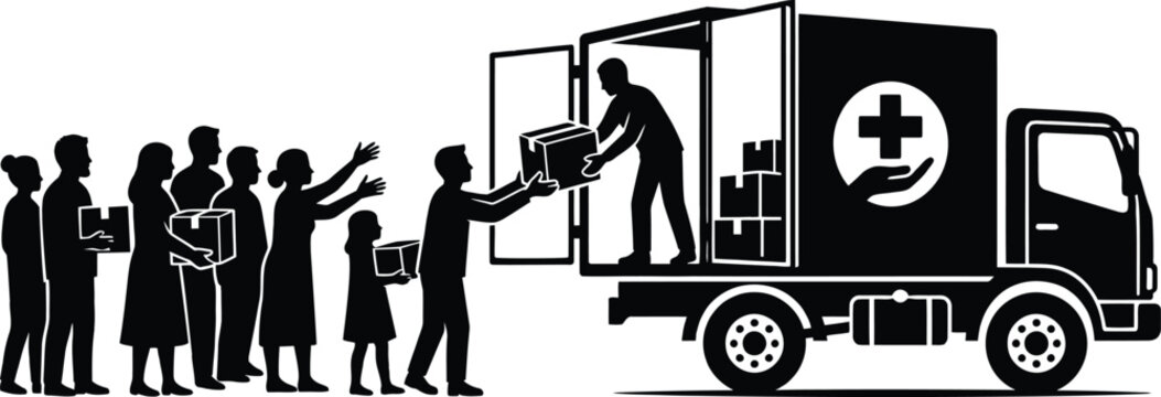 Black Silhouettes of People Receiving Boxes from a Delivery Truck with a Medical Cross