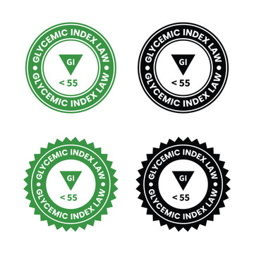 Four circular seals display the glycemic index law with a downward pointing triangle and a value less than 55 high quality professional detailed