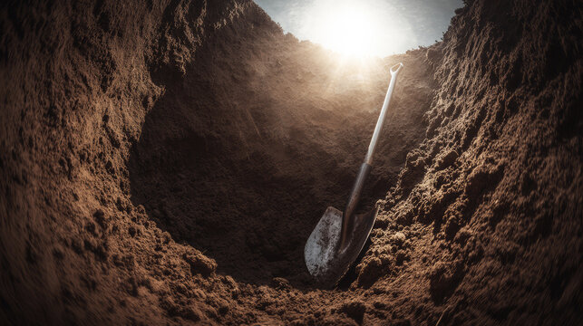 Deep pit of brown earth with shovel, sun shining from above, representing themes of death, ending, and hidden truths