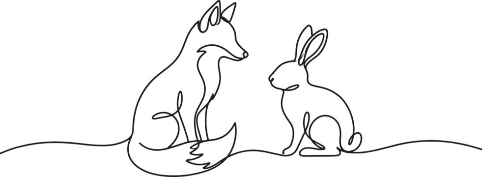 Continuous line art drawing of a sitting fox and rabbit facing each other in minimalist style