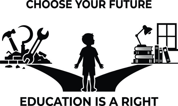 Child at crossroads choosing future between manual labor and education with tools and books symbols