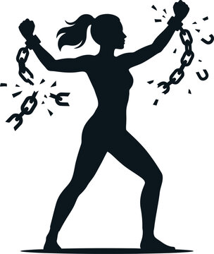 Silhouette Of A Woman Breaking Free From Broken Chains With Arms Raised