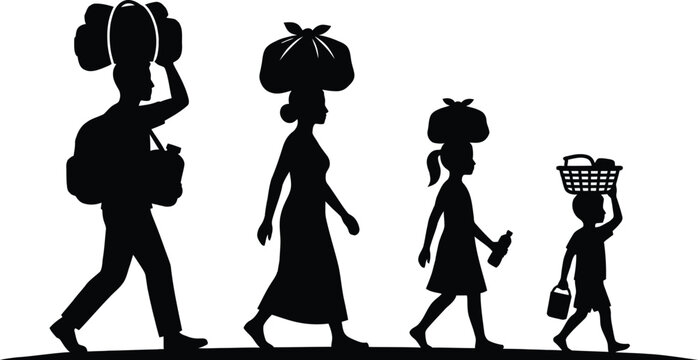 Silhouettes of a family carrying bundles on their heads and bags while walking in a line on a white
