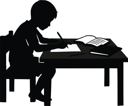 Silhouette of a young boy sitting at a desk writing in a book with an open book and a closed book on the