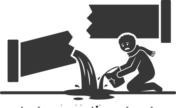 Stick figure man with scarf collecting water from a broken pipe into a bucket with a sad expression drought