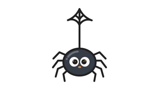 Cute Halloween Spider Hanging from Web, Modern Flat Vector Illustration with Editable Stroke. Round Black Spider Icon for Spooky Season Decorations and Graphic Design, Isolated on White.