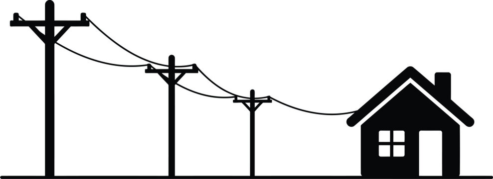 Three utility poles with power lines connecting to a house silhouette on a white background