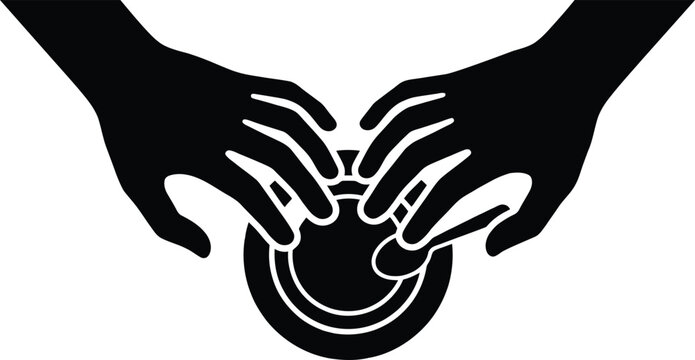 Two black hands shaping a small round with concentric circles on a white background pottery clay craft