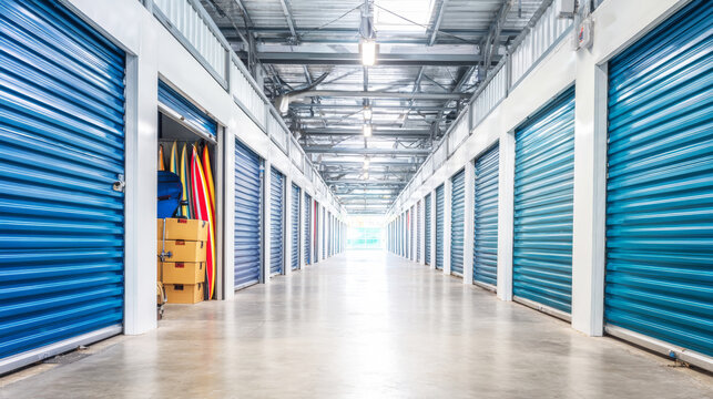 Self storage facility corridor with blue roll up doors, one open unit revealing surfboards and boxes inside