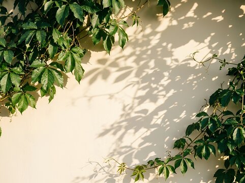 Sunlit green ivy leaves on beige wall background, natural leaf shadows on plaster surface, organic botanical frame for copy space