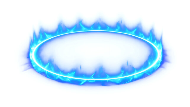 Blue fire flame ring with neon glowing oval effect on transparent background.