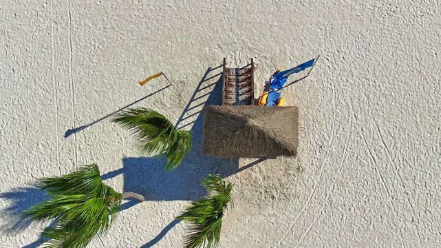 Aerial view of the sea sand beach and the thatched roof of the lifeguard tower. Flags warn of the dangers of swimming. Summer scene with a wooden lifeguard station on an empty palm beach.