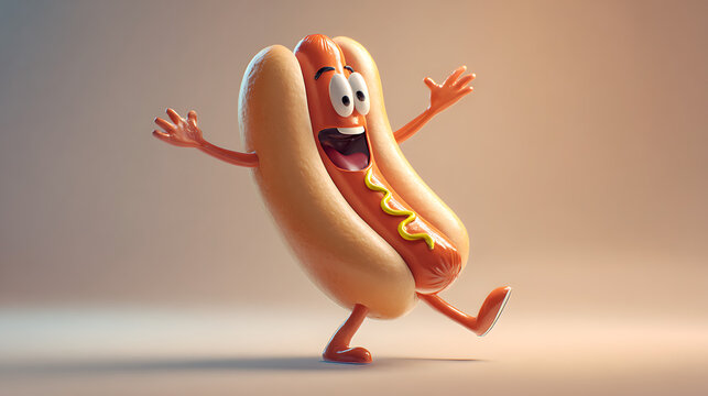 A cheerful cartoon hot dog character with arms and legs running with a big smile on its face on a beige background