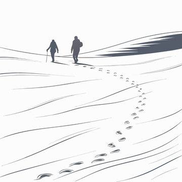 A minimalist vector illustration of two people walking through a snowy landscape with footprints in the snow