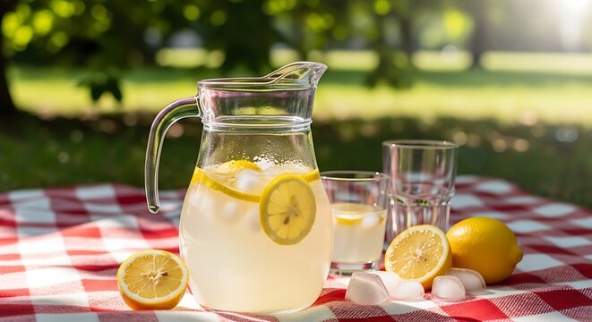Refreshing Lemonade Pitcher and Glasses on a Picnic Table with Lemons and Ice.