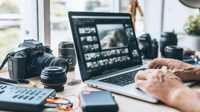 Photographer hands working on laptop, editing client pictures in a digital studio with various camera gear on wooden desk