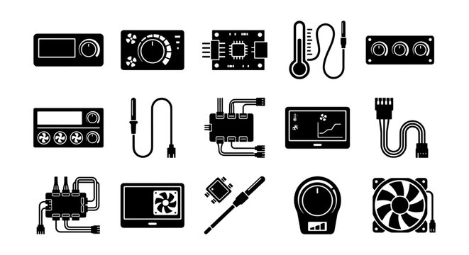 Electronic Components, Circuitry, Thermometer, Fan, Control Dials, Vector Icons Set