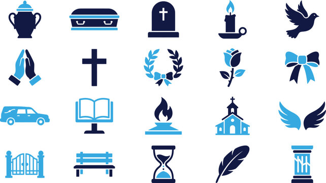Funeral and mourning symbols set urn coffin gravestone candle dove praying hands cross.