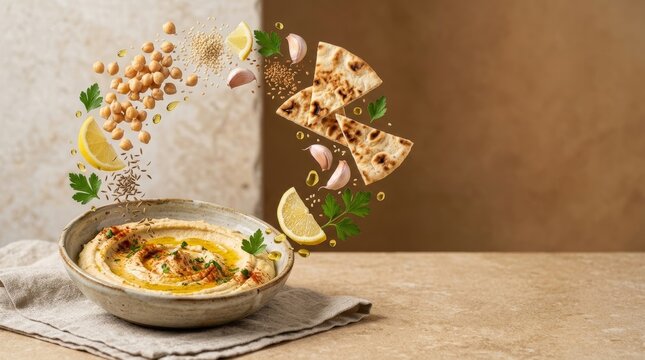 A bowl of hummus with ingredients like chickpeas, lemon, garlic, and pita bread floating above it on a table